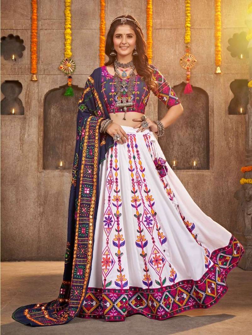 DESIGNER FANCY HEAVY VISCOSE RAYON COTTON WHITE NAVRATRI LEHENGA CUM GAMTHI LEHENGA MIRROR WORK CHOLI KF RAAS 2331