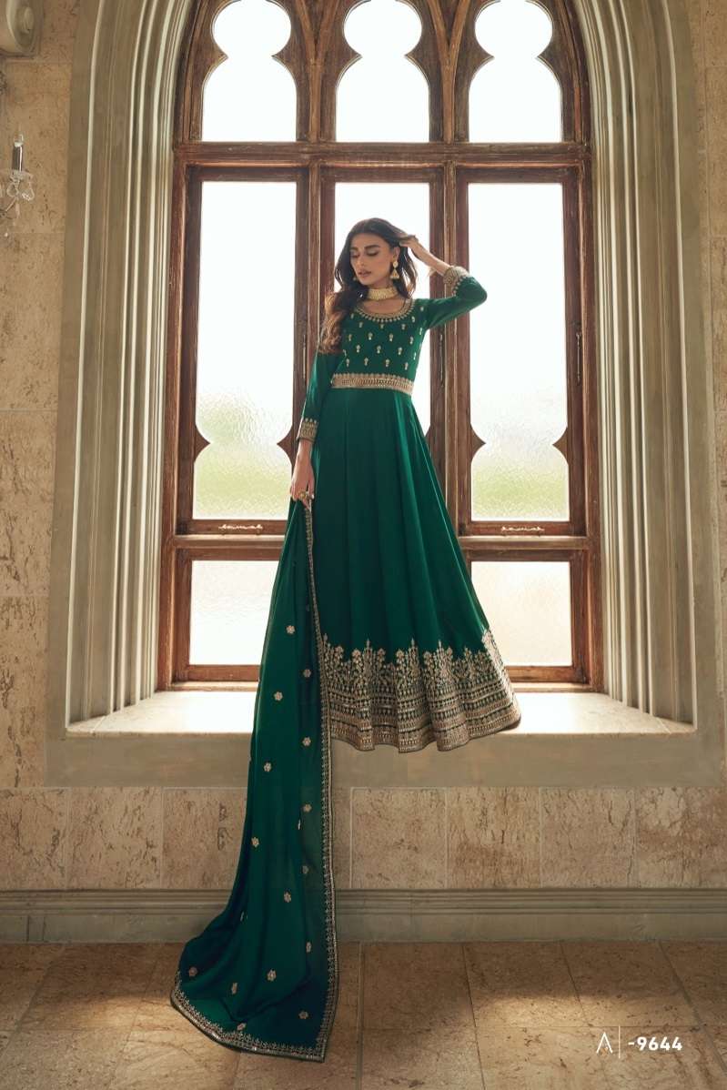 DESIGNER FANCY LONG GREEN SILK ANARKALI SALWAR SUIT GOWN EXCLUSIVE FOR WEDDING PARTY WEAR AF NOORJAHA 9644