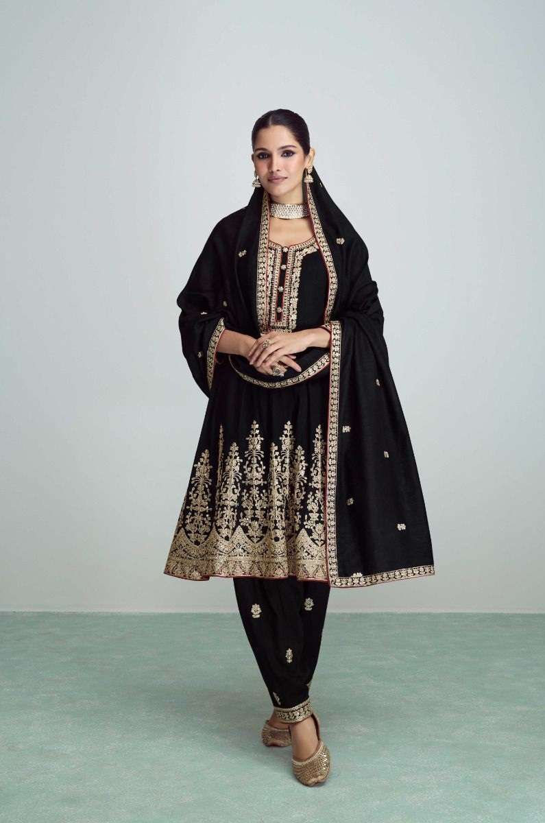 DESIGNER FANCY PARTY READY TO WEAR BLACK PAKISTANI FANCY PREMIUM SILK SALWAR SUIT AF RIWAAZ 9707