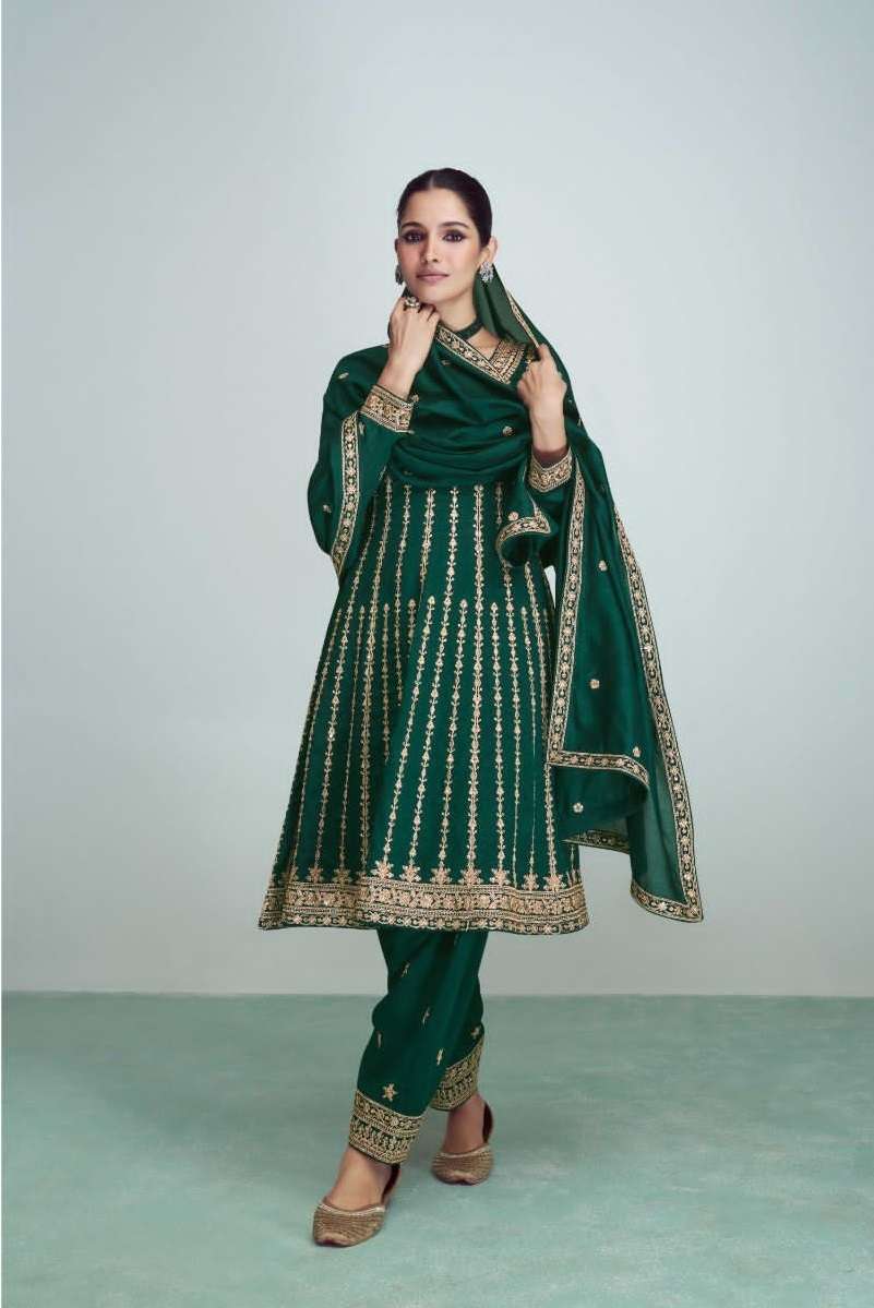 DESIGNER FANCY PARTY READY TO WEAR GREEN PAKISTANI FANCY PREMIUM SILK SALWAR SUIT AF RIWAAZ 9705