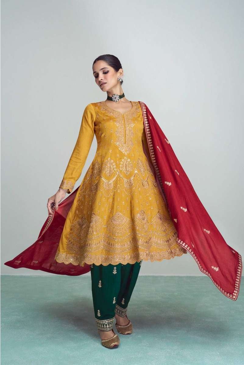 DESIGNER FANCY PARTY READY TO WEAR YELLOW PAKISTANI FANCY PREMIUM SILK SALWAR SUIT AF RIWAAZ 9704