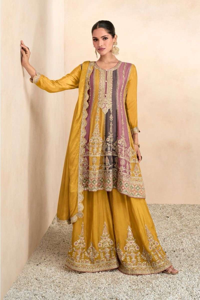 DESIGNER FANCY PARTY READY TO WEAR YELLOW PAKISTANI FANCY PREMIUM SILK SALWAR SUIT AF PREET 7401A