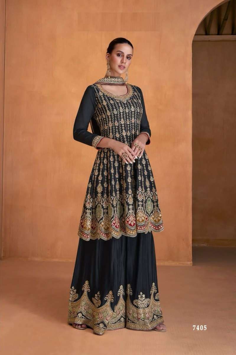 DESIGNER FANCY PARTY WEAR BLACK READYMADE REAL CHINON SHARARA SALWAR SUIT GL KETKI 7405