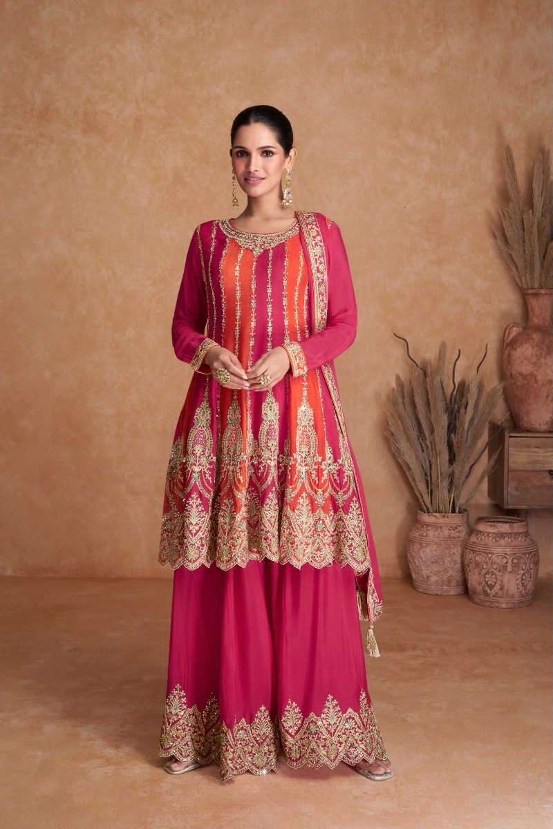 DESIGNER FANCY PARTY WEAR PINK READYMADE REAL CHINON SHARARA SALWAR SUIT GL KETKI 7404