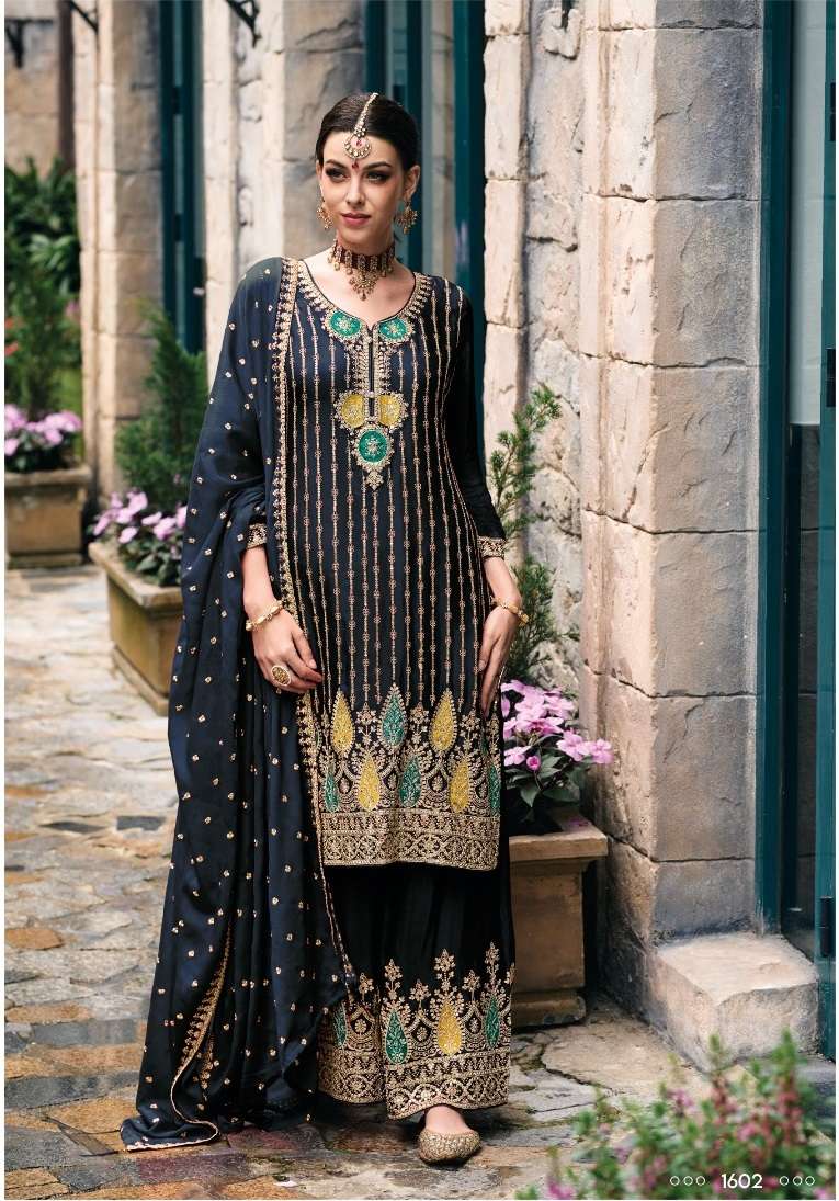 DESIGNER FANCY PARTY WEAR READYMADE FANCY BLACK CHINON SHARARA SALWAR SUIT EB ALKA 1602