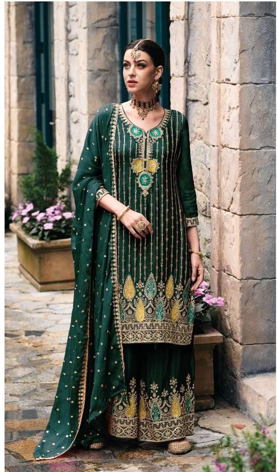 DESIGNER FANCY PARTY WEAR READYMADE FANCY GREEN CHINON SHARARA SALWAR SUIT EB ALKA 1601