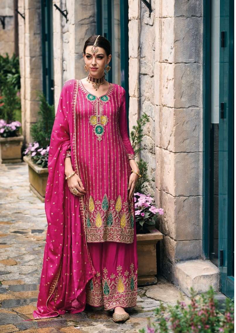 DESIGNER FANCY PARTY WEAR READYMADE FANCY PINK CHINON SHARARA SALWAR SUIT EB ALKA 1600