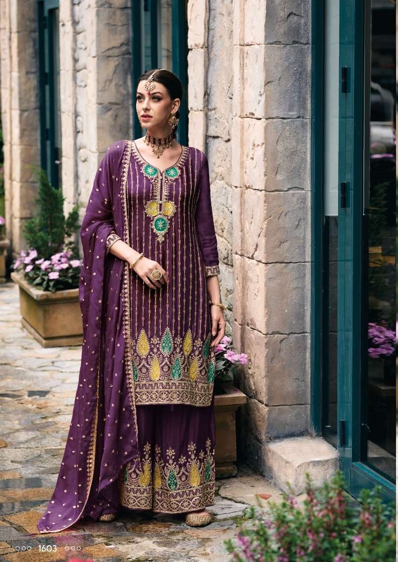 DESIGNER FANCY PARTY WEAR READYMADE FANCY PURPLE CHINON SHARARA SALWAR SUIT EB ALKA 1603