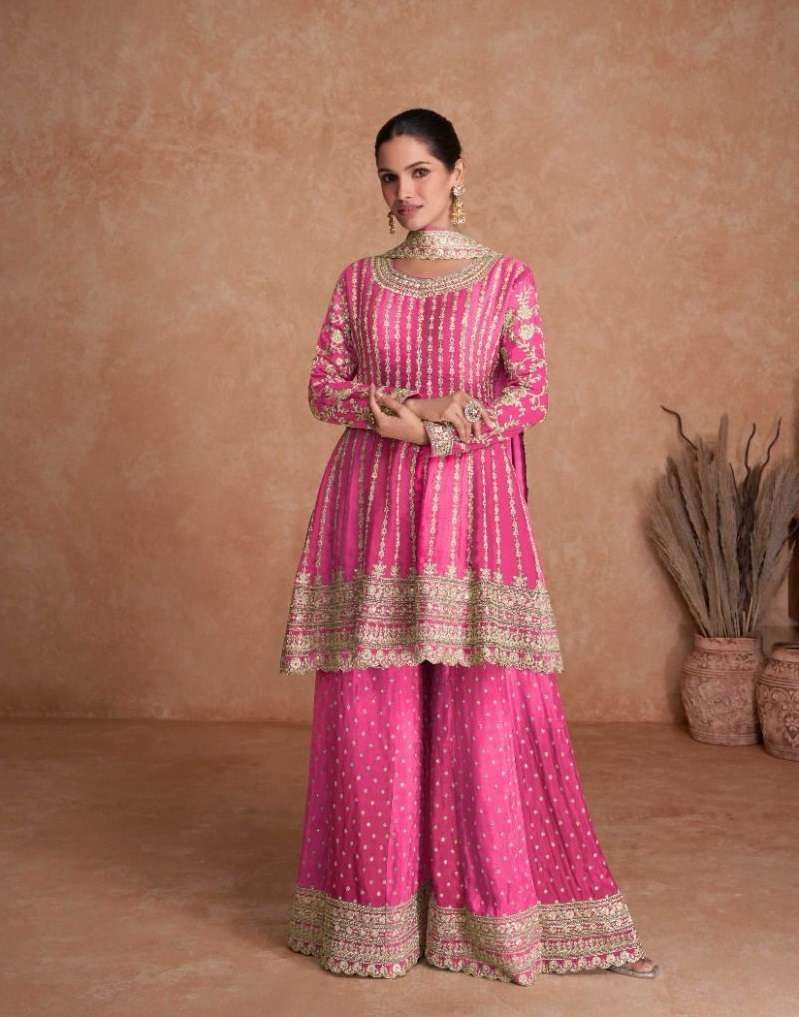 DESIGNER FANCY PARTY WEAR READYMADE FANCY REAL CHINON PINK SHARARA SALWAR SUIT AF VAANI 7407A