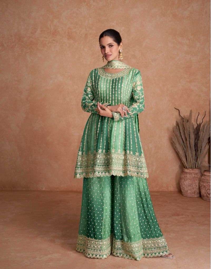 DESIGNER FANCY PARTY WEAR READYMADE FANCY REAL CHINON GREEN SHARARA SALWAR SUIT AF VAANI 7407B