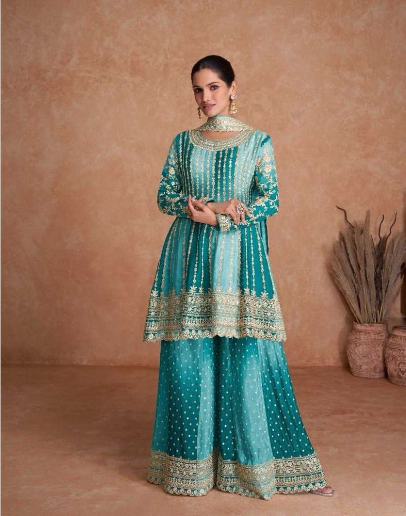 DESIGNER FANCY PARTY WEAR READYMADE FANCY REAL CHINON SKY BLUE SHARARA SALWAR SUIT AF VAANI 7407C