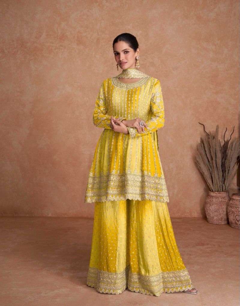 DESIGNER FANCY PARTY WEAR READYMADE FANCY REAL CHINON YELLOW SHARARA SALWAR SUIT AF VAANI 7407D