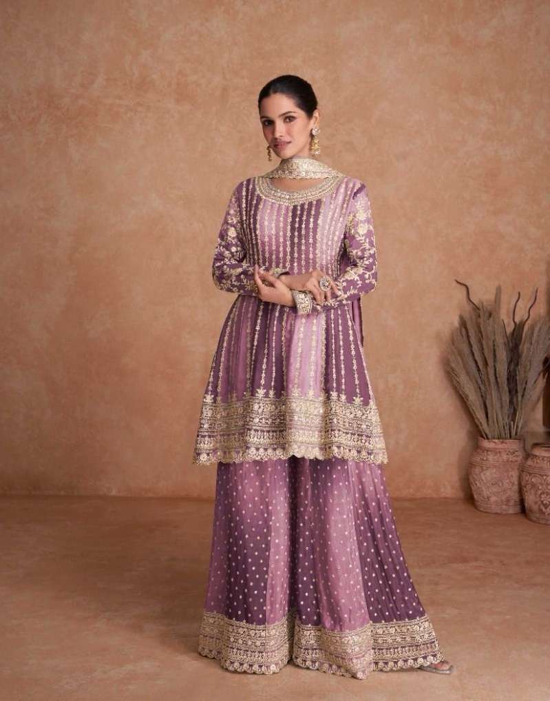 DESIGNER FANCY PARTY WEAR READYMADE FANCY REAL CHINON LAVENDER SHARARA SALWAR SUIT AF VAANI 7407E