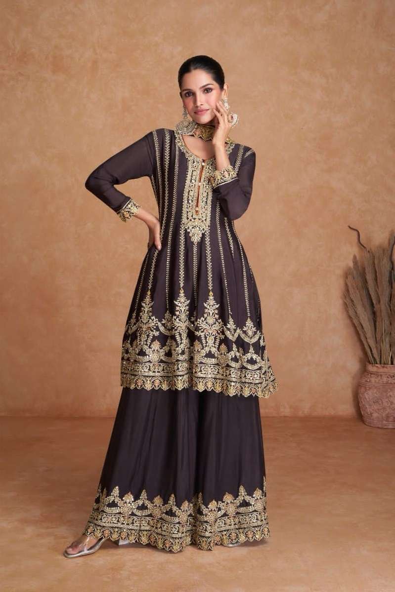 DESIGNER FANCY PARTY WEAR WINE READYMADE REAL CHINON SHARARA SALWAR SUIT GL KETKI 7403