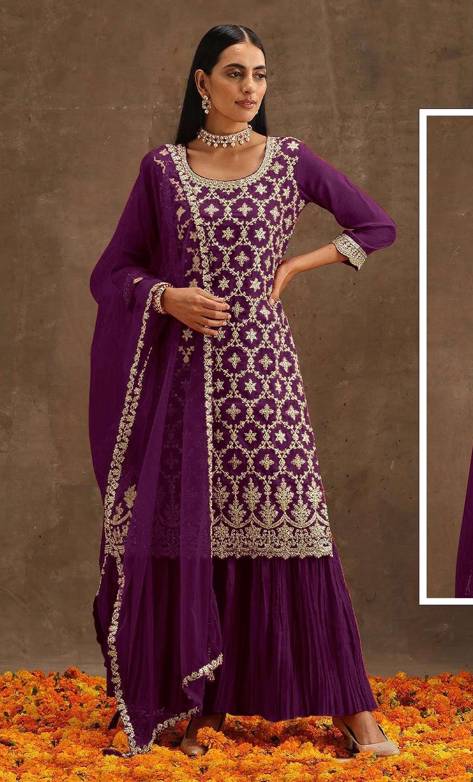 DESIGNER FANCY PARTY WEAR WINE SHARAA STYLE SALWAR SUIT IN GEORGETTE FABRIC JG SENHORA 1039C