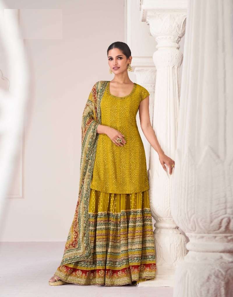 DESIGNER FANCY PARTY WEAR YELLOW READYMADE FANCY PREMIUM SILK SHARARA SALWAR SUIT SY SHARARA 5274