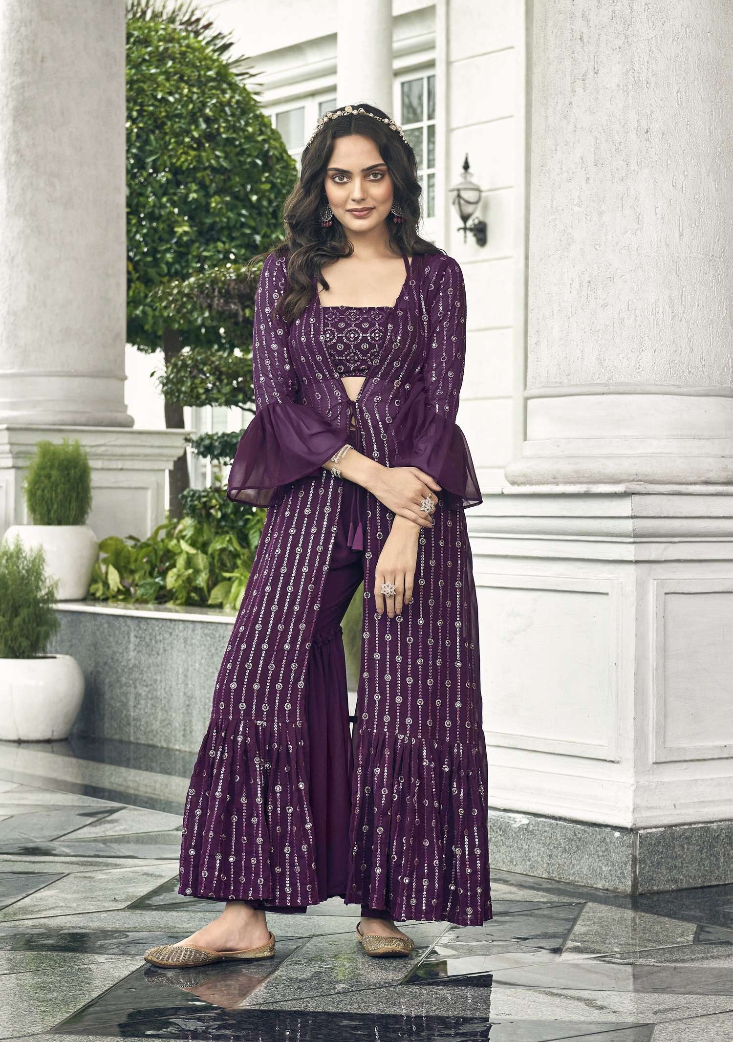 DESIGNER FANCY READY TO WEAR TOP WINE KOTI BLOUSE SHARARA STYLE PALAZZO SALWAR SUIT EXCLUSIVE COLLECTION IN GEORGETTE WITH SEQUENCE WORK SM NUQAT 152