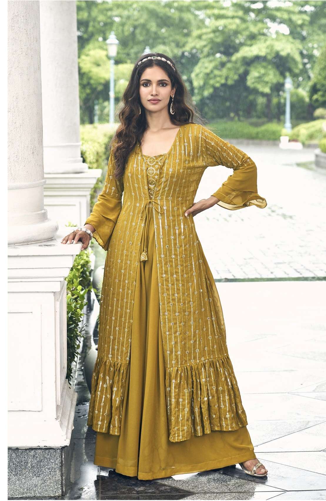 DESIGNER FANCY READY TO WEAR TOP YELLOW KOTI BLOUSE SHARARA STYLE PALAZZO SALWAR SUIT EXCLUSIVE COLLECTION IN GEORGETTE WITH SEQUENCE WORK SM NUQAT 151