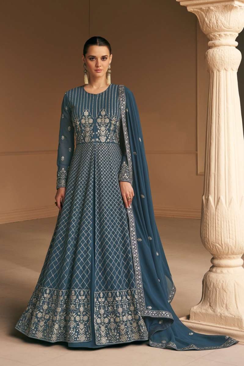 DESIGNER FANCY TEAL BLUE LONG ANARKALI GEORGETTE SALWAR SUIT GOWN EXCLUSIVE FOR WEDDING PARTY WEAR CPR 9656A