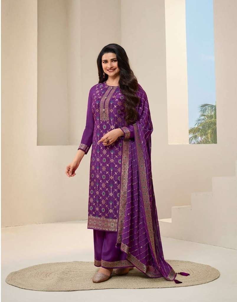 DESIGNER FANCY WEDDING FUNCTION PARTY WEAR DOLA JAQUARD PURPLE STRAIGHT SALWAR SUIT 64681