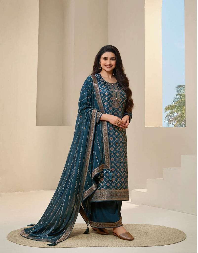 DESIGNER FANCY WEDDING FUNCTION PARTY WEAR DOLA JAQUARD RAMA BLUE STRAIGHT SALWAR SUIT 64682