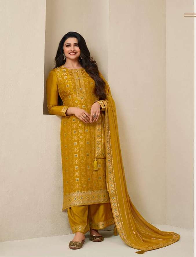 DESIGNER FANCY WEDDING FUNCTION PARTY WEAR DOLA JAQUARD YELLOW STRAIGHT SALWAR SUIT 64683