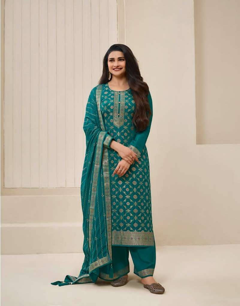 DESIGNER FANCY WEDDING FUNCTION PARTY WEAR DOLA JAQUARD BLUE STRAIGHT SALWAR SUIT 64684