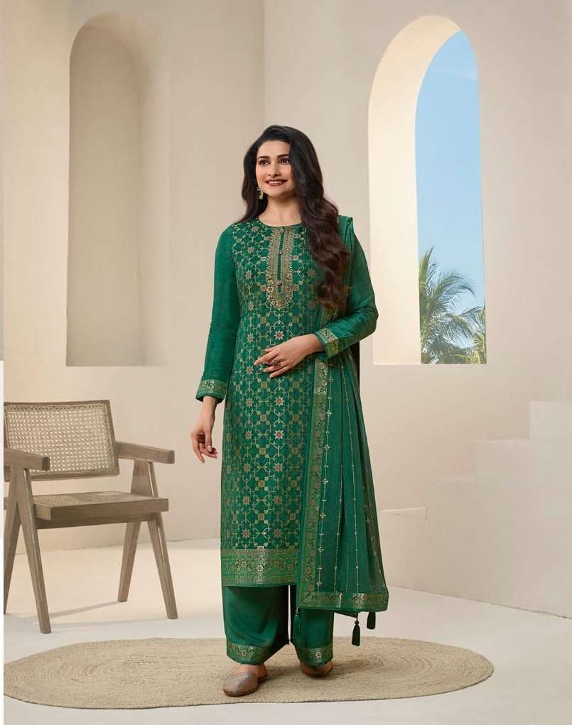 DESIGNER FANCY WEDDING FUNCTION PARTY WEAR DOLA JAQUARD GREEN STRAIGHT SALWAR SUIT 64686