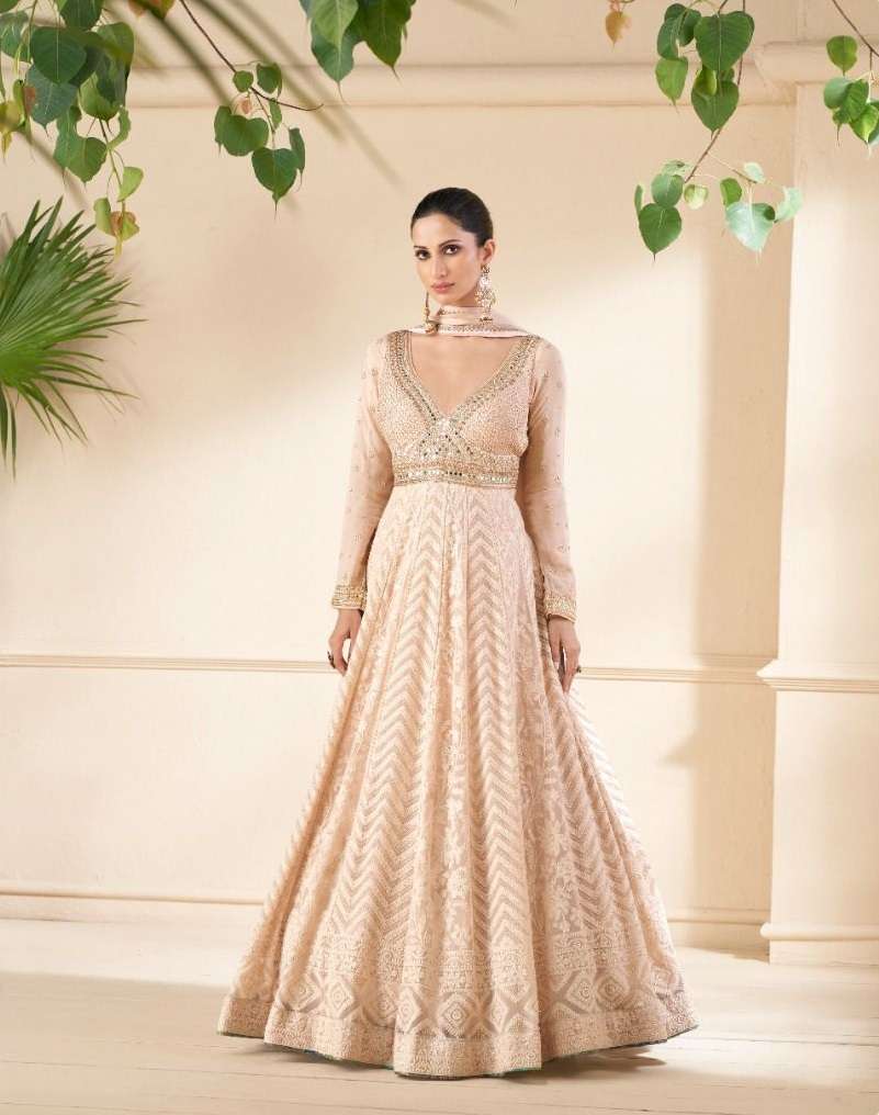 DESIGNER FANCY WEDDING PARTY WEAR BEIGE REAL GEORGETTE SALWAR SUIT AND GOWN ANARKALI DRESS AF ONAYA 5297