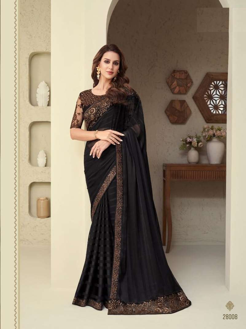 DESIGNER FANCY WEDDING PARTY WEAR DESIGNER FANCY BLACK SILK SAREE SM TFH SILVER 28008