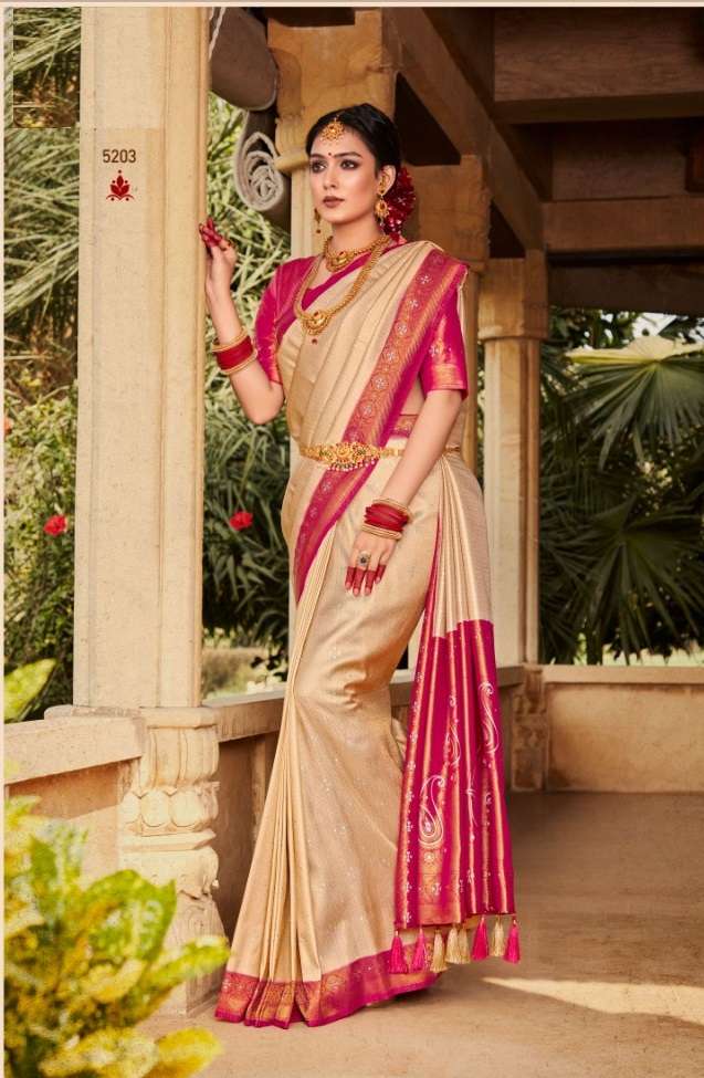 DESIGNER FANCY WEDDING PARTY WEAR DESIGNER FANCY CHIKU SILK SAREE SM PANKH 5203