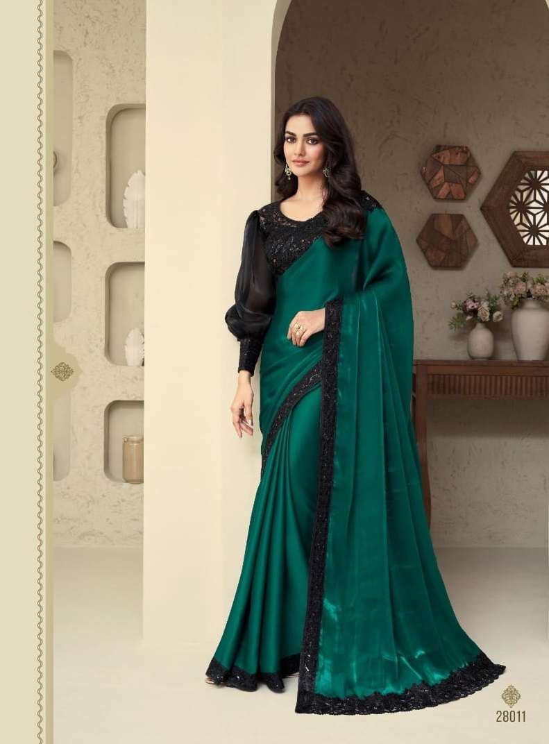 DESIGNER FANCY WEDDING PARTY WEAR DESIGNER FANCY DARK GREEN SILK SAREE SM TFH SILVER 28011