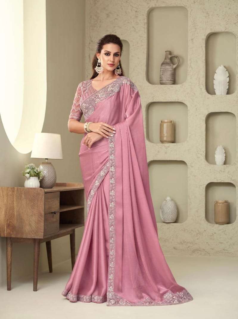 DESIGNER FANCY WEDDING PARTY WEAR DESIGNER FANCY PINK SILK SAREE SM TFH SILVER 28010