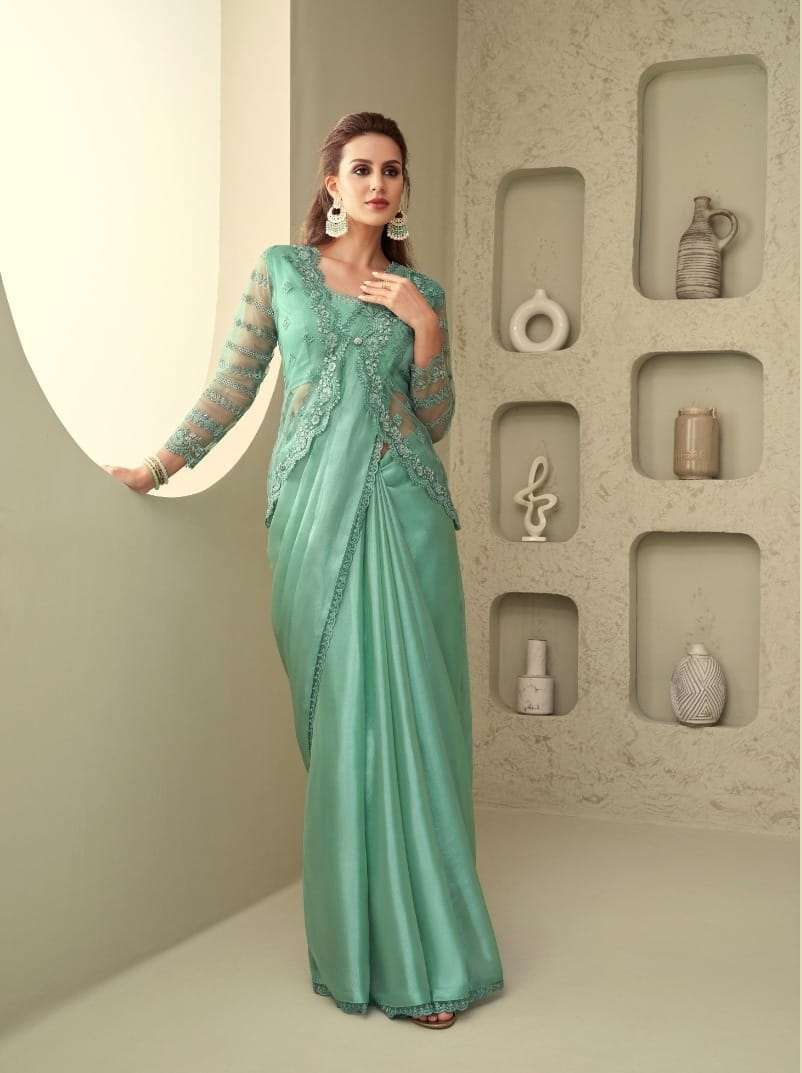 DESIGNER FANCY WEDDING PARTY WEAR DESIGNER FANCY PISTA GREEN SILK SAREE SM TFH SILVER 28014