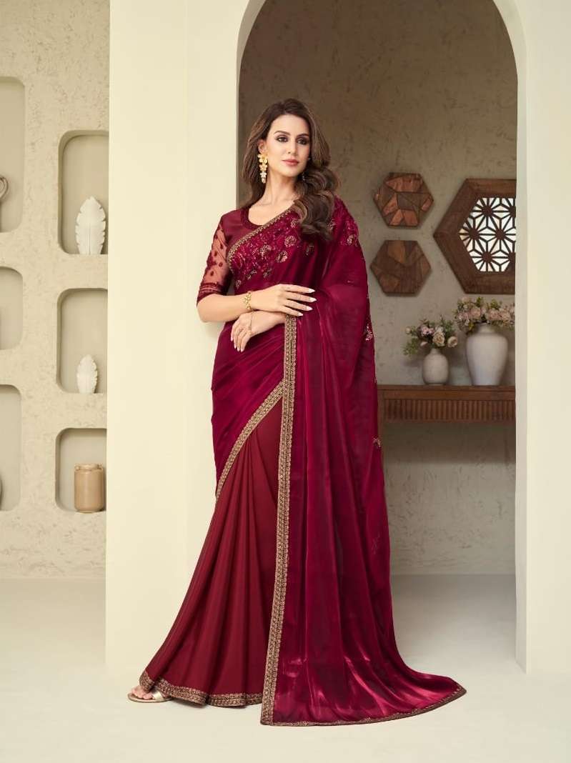 DESIGNER FANCY WEDDING PARTY WEAR DESIGNER FANCY RED SILK SAREE SM TFH SILVER 28001