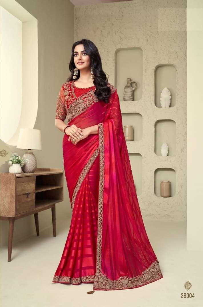 DESIGNER FANCY WEDDING PARTY WEAR DESIGNER FANCY RED SILK SAREE SM TFH SILVER 28004