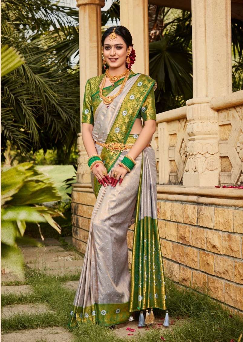 DESIGNER FANCY WEDDING PARTY WEAR DESIGNER FANCY SILVER COLOR SILK SAREE SM PANKH 5209