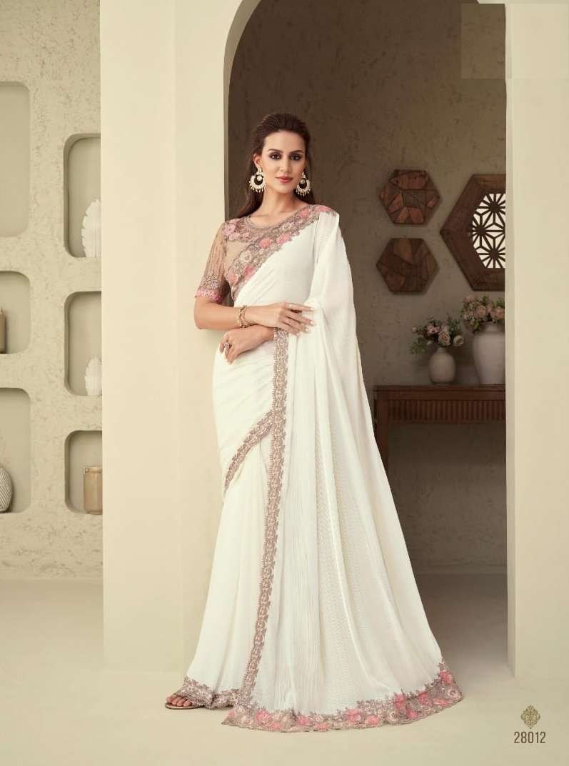 DESIGNER FANCY WEDDING PARTY WEAR DESIGNER FANCY WHITE SILK SAREE SM TFH SILVER 28012