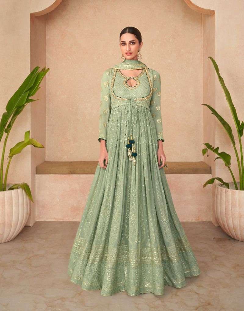 DESIGNER FANCY WEDDING PARTY WEAR GREEN REAL GEORGETTE SALWAR SUIT AND GOWN ANARKALI MARIYAH 5237