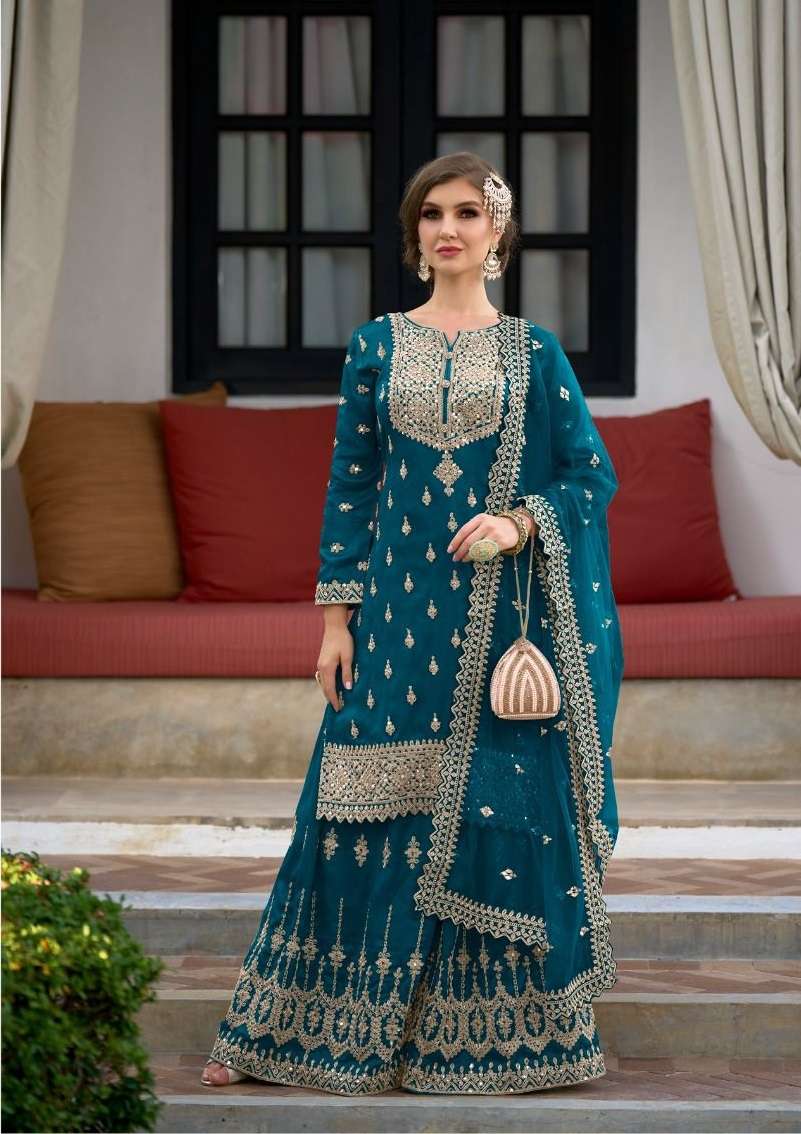 DESIGNER FANCY WEDDING PARTY WEAR HEAVY BLUE SILK SHARARA PALLAZZO SALWAR SUIT 1117A