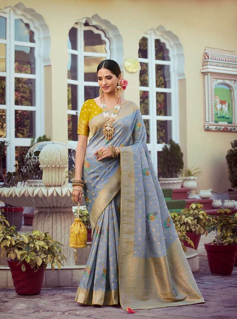 DESIGNER FANCY WEDDING PARTY WEAR HEAVY GREY SILK SAREE SM PANKH TANTRA 4402