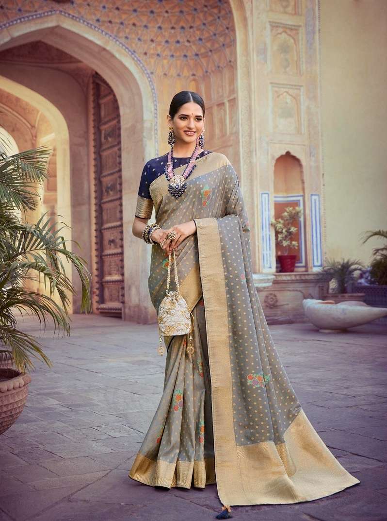 DESIGNER FANCY WEDDING PARTY WEAR HEAVY GREY SILK SAREE SM PANKH TANTRA 4404