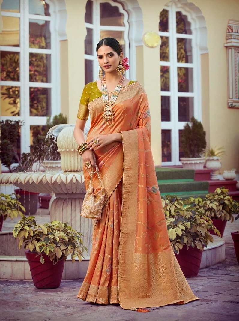 DESIGNER FANCY WEDDING PARTY WEAR HEAVY ORANGE SILK SAREE SM PANKH TANTRA 4405