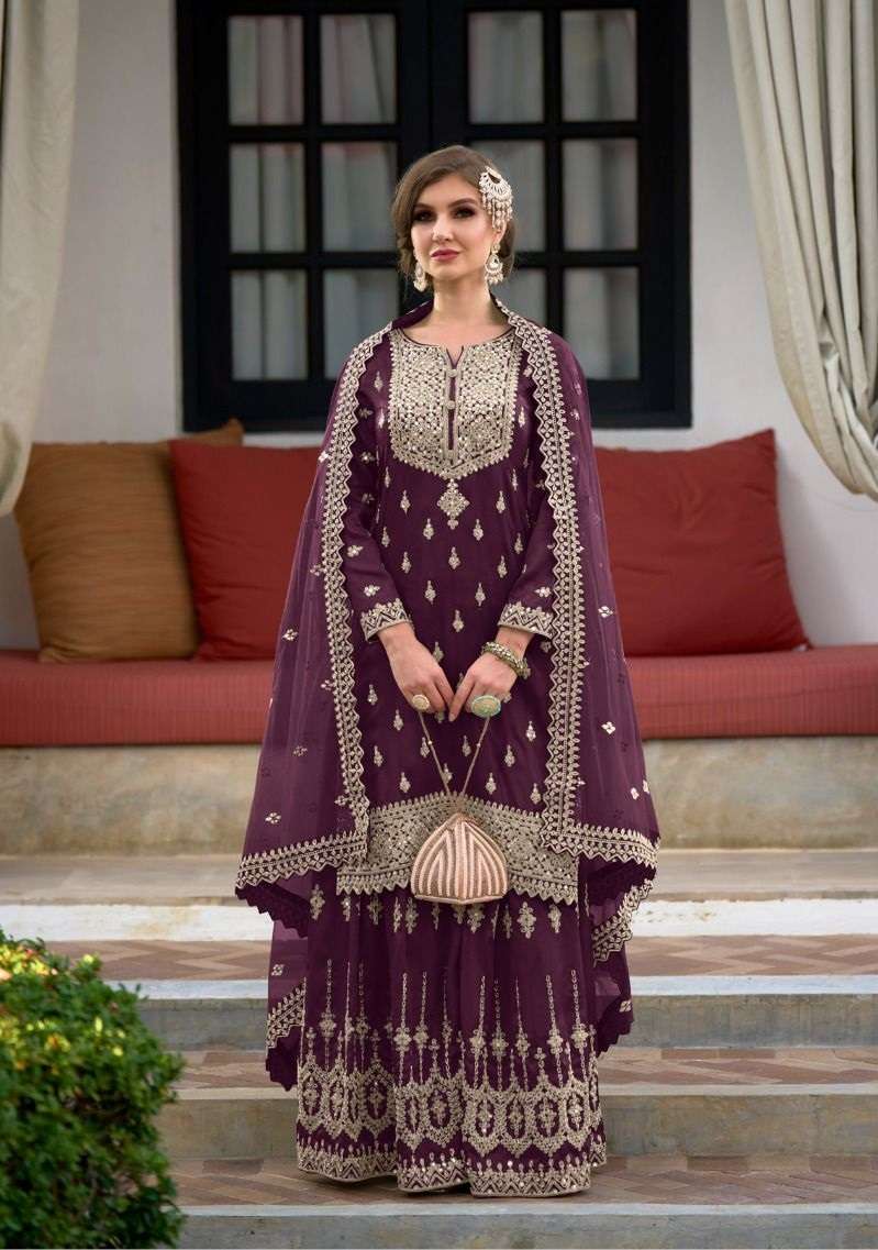 DESIGNER FANCY WEDDING PARTY WEAR HEAVY PURPLE SILK SHARARA PALLAZZO SALWAR SUIT 1118A