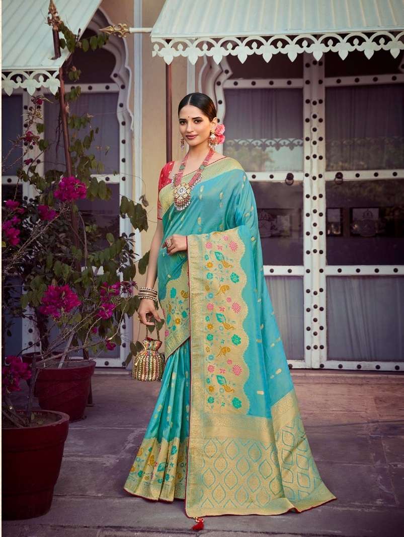 DESIGNER FANCY WEDDING PARTY WEAR HEAVY SKY BLUE SILK SAREE SM PANKH TANTRA 4403