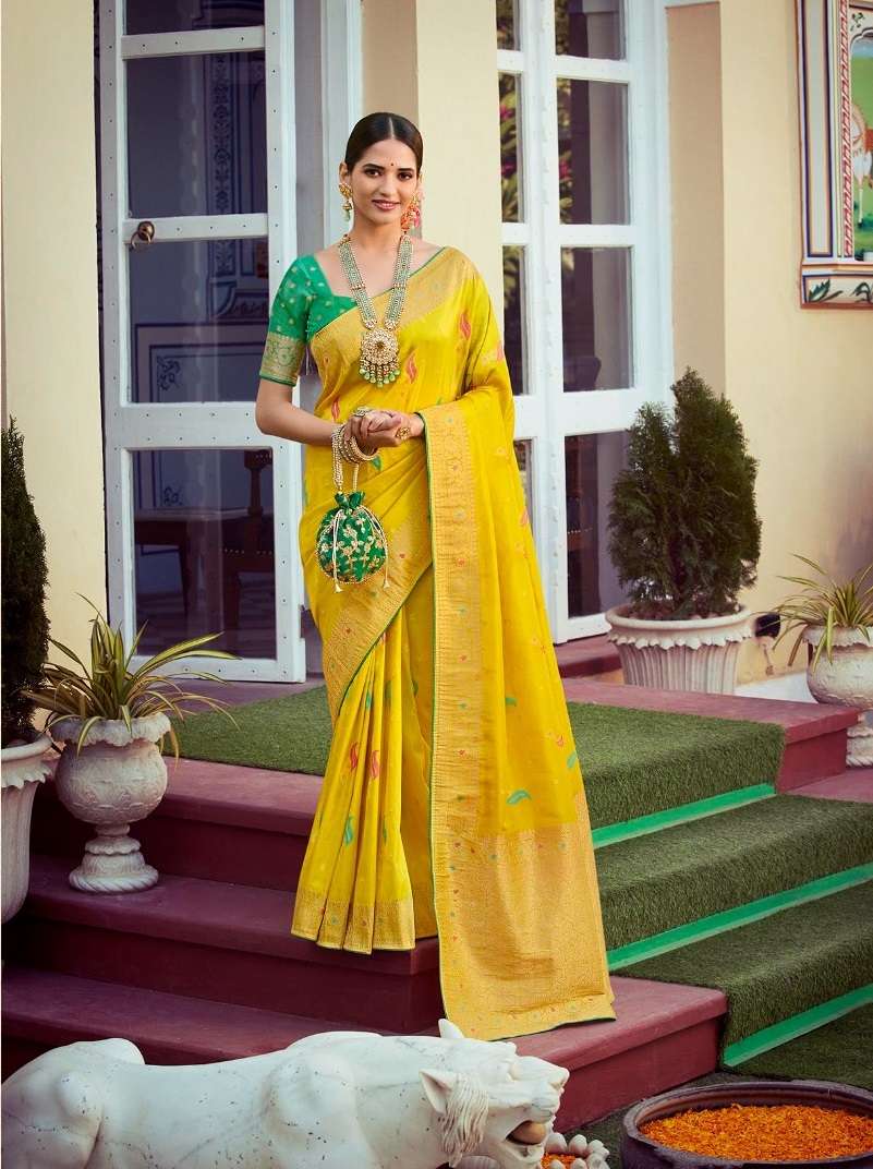 DESIGNER FANCY WEDDING PARTY WEAR HEAVY YELLOW SILK SAREE SM PANKH TANTRA 4409