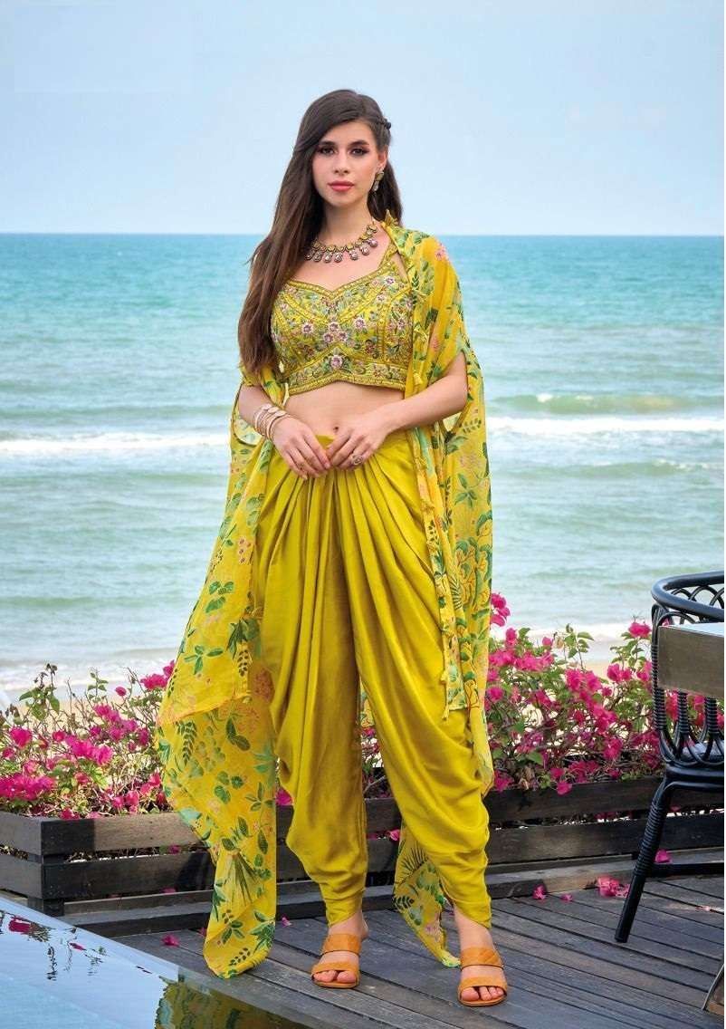 DESIGNER FANCY WEDDING PARTY WEAR LEMON YELLOW SATIN SILK JACKET DHOTI SALWAR SUIT EB LIANA 1136