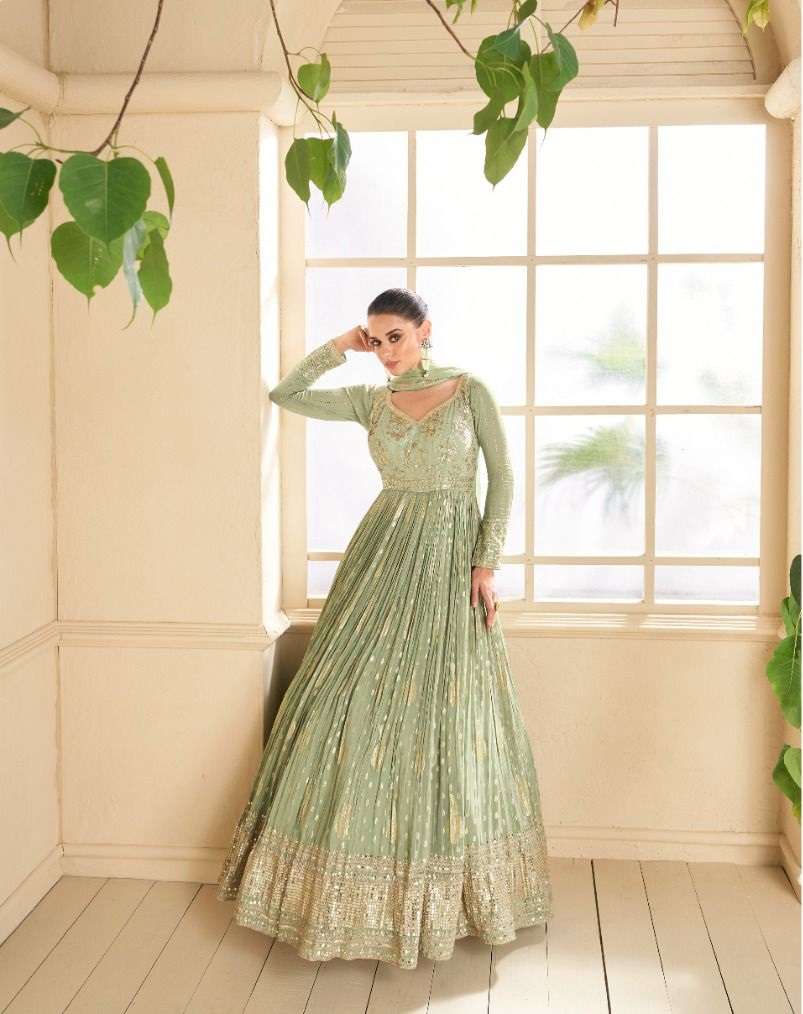 DESIGNER FANCY WEDDING PARTY WEAR PISTA REAL GEORGETTE SALWAR SUIT AND GOWN ANARKALI DRESS AF ONAYA 5296