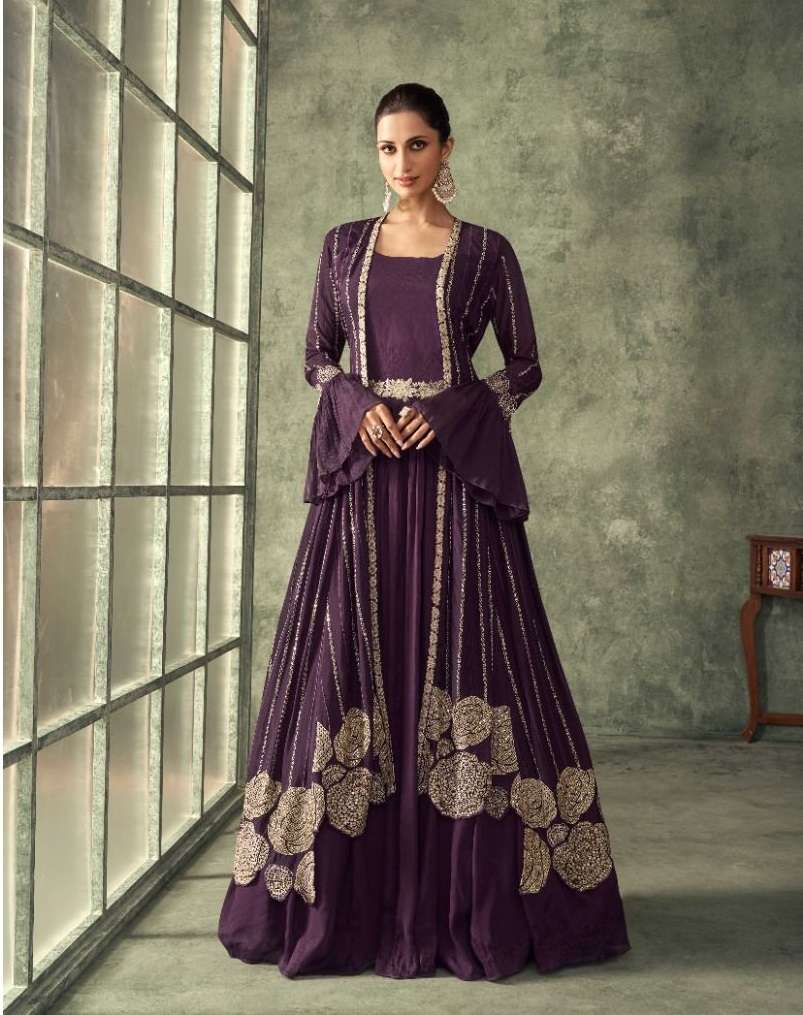 DESIGNER FANCY WEDDING PARTY WEAR PURPLE REAL GEORGETTE ANARKALI SALWAR SUIT GOWN SY EVERGREEN 5249