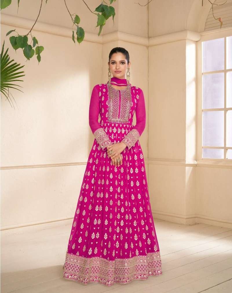 DESIGNER FANCY WEDDING PARTY WEAR RANI PINK REAL GEORGETTE SALWAR SUIT AND GOWN ANARKALI DRESS AF ONAYA 5298